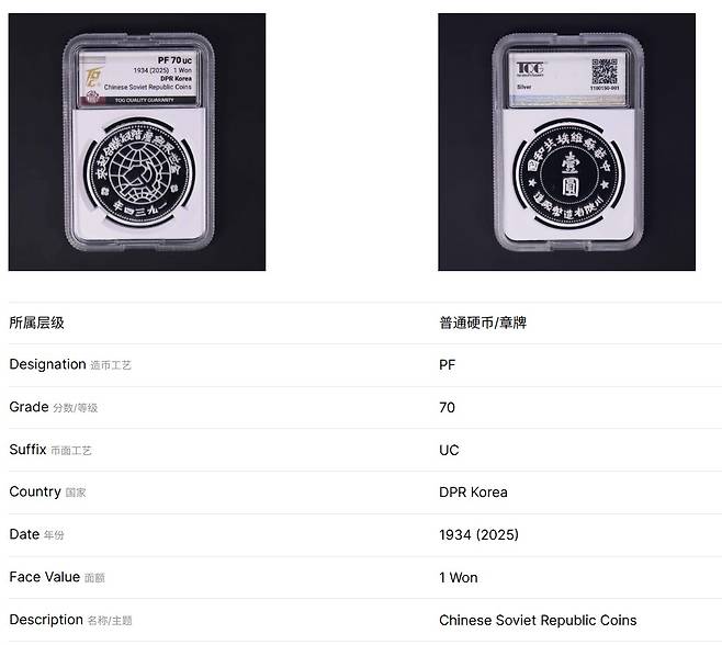 북한중앙은행이 발행한 '중화소비에트공화국' 기념은화. (TQG 홈페이지 갈무리)