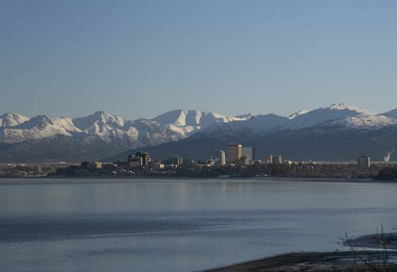 The city skyline in Anchorage, Alaska, Nov. 11, 2025. Anchorage will experiment with internet voting in local elections, betting that its ease and security will win over voters even in an era of election conspiracy theories. (Ash Adams/The New York Times)