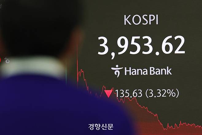 코스피가 장중 3% 이상 급락한 18일 서울 중구 하나은행 딜링룸 전광판에 종가가 표시돼 있다. 이날 코스피 지수는 전 거래일 대비 135.63포인트(3.32%) 내린 3953.62로 거래를 마쳤다. 정효진 기자