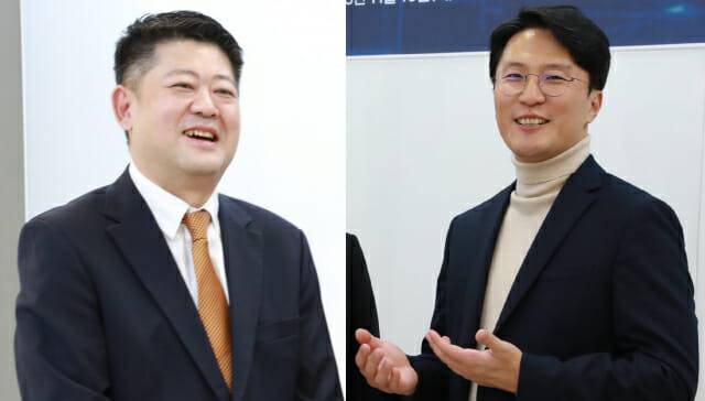 이용진 한주라이트메탈 대표(왼쪽)와 김정완 에이테크 대표.
