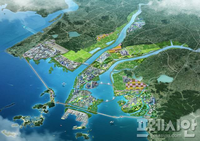 ▲새만금 조감도. 미래 산업·도시·항만이 결합된 복합 개발구상으로, 핵융합 연구 거점 후보지인 새만금 산업단지도 포함돼 있다. ⓒ새만금개발청