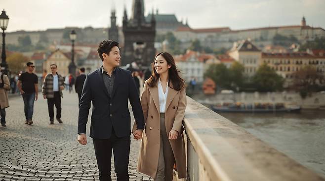 유럽 신혼여행을 떠난 신랑신부를 표현한 AI이미지. 사진제공|Canva AI
