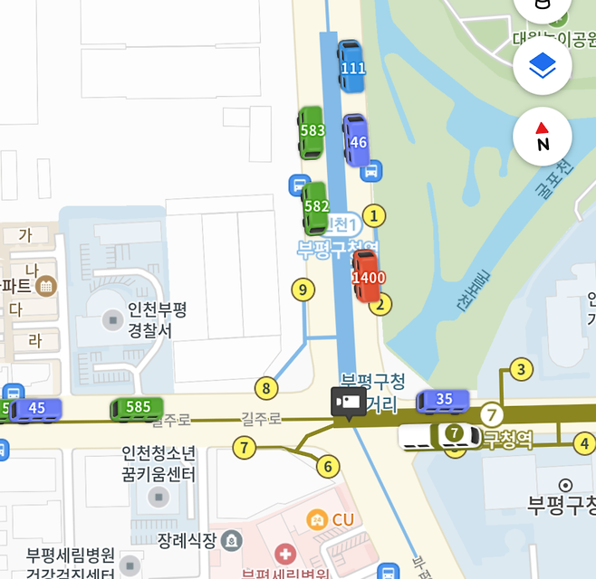 최근 인천 지역에 서비스 도입된 초정밀 버스와 초정밀 지하철 노선도. 사진=카카오 맵 캡처