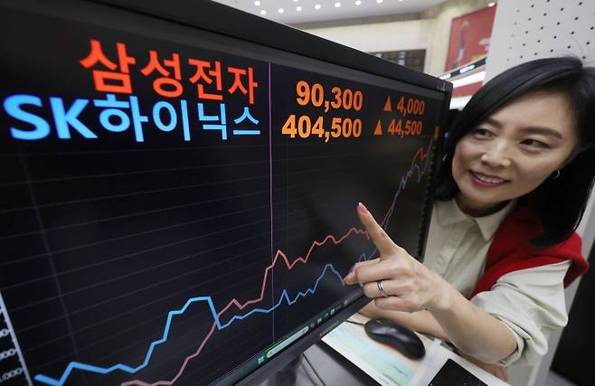 한국 증시가 사상 첫 3500선을 돌파한 지난달 2일 오후 서울 영등포구 한국거래소 서울사무소 홍보관에 장중 9만원을 터치한 삼성전자와 장중 40만원을 넘은 SK하이닉스의 장중 최고치가 표시되고 있다. 2025.10.02. /사진=뉴시스