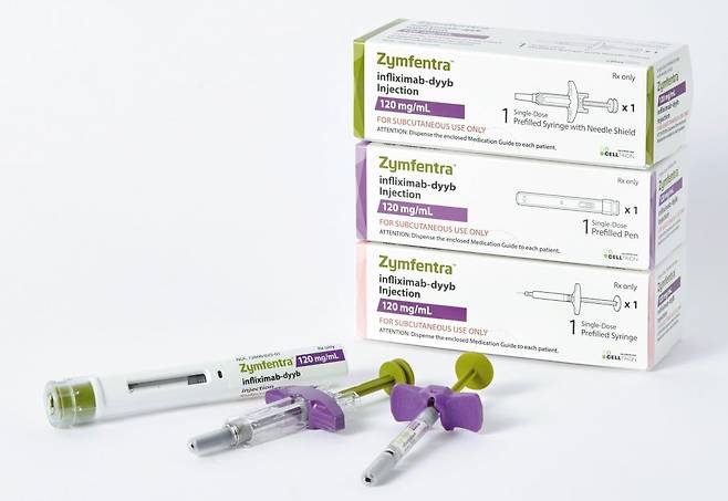 세계 최초의 항체 바이오시밀러 ‘램시마’의 인플릭시맙 성분을 피하주사(SC) 제형으로 바꾼 ‘짐펜트라’./셀트리온