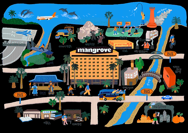 맹그로브 제주 워케이션 환경을 담은 일러스트. (맹그로브 제주시티 홈페이지)