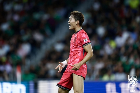 축구대표팀 오현규가 지난 9월 A매치 멕시코전에서 골을 넣고 기뻐하고 있다. 대한축구협회 제공