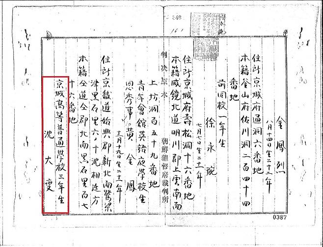 심훈에 대한 경성지방법원 재판기록. 경성고보 3년생 심대섭(심훈)의 인적사항이 적혀 있다. 자료=국가보훈부