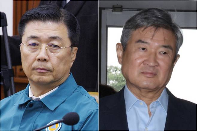 (왼쪽) 홍장원 전 국가정보원 1차장(왼쪽)이 2024년 3월14일 서울 종로구 정부서울청사에서 열린 국가테러대책위원회에 참석해 회의 시작을 기다리고 있다. 연합뉴스 (오른쪽) 조태용 전 국가정보원장이 지난 8월8일 서울 서초구 이명현 특별검사팀 사무실로 출석하고 있다. 김혜윤 기자 unique@hani.co.kr