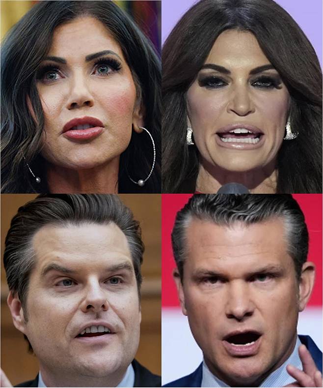 위에서 시계 방향으로 크리스티 놈 미국 국토안보장관, 킴벌리 길포일 주그리스 미국대사, 피트 헤그세스 미 국방장관, 맷 게이츠 전 하원의원. AP 뉴시스