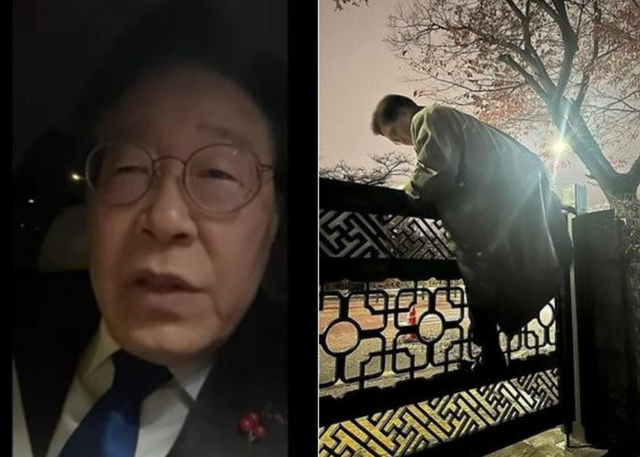 지난해 12월 3일 계엄 선포 이후 라이브 방송을 켠 이재명 민주당 대표(왼쪽)와 담장을 넘어 국회로 들어가는 우원식 국회의장.