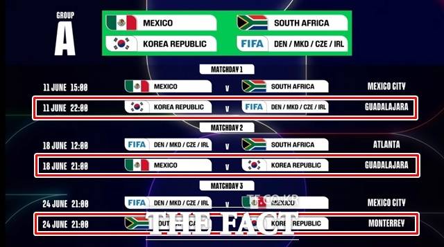 한국의 2026 북중미 월드컵 조별리그 경기 일정./FIFA