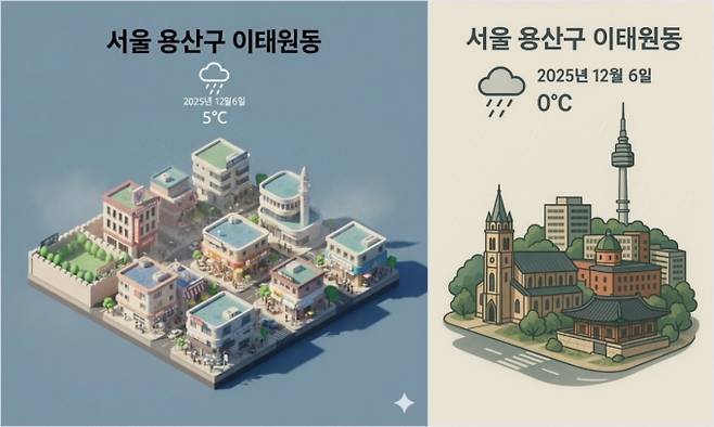 제미나이3에 몇개의 프롬프트를 입력해 왼쪽의 이미지를 형성했다. 이태원의 특성을 살린 이미지를 만들어달라고 했더니 알아서 정보를 검색해 녹사평 다리, 이슬람사원, 박물관 등을 삽입했다.오른쪽은 동일한 프롬프트를 입력했을 때 챗GPT가 생성한 결과물. 모두 무료 모델을 사용했다. /사진=김소연 기자, AI로 생성된 이미지.