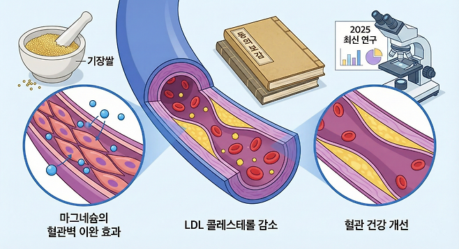 2025 최신 연구 기장쌀 o800 마그네슘의 LDL 콜레스테롤 감소 혈관 건강 개선 혈관벽 이완 효과