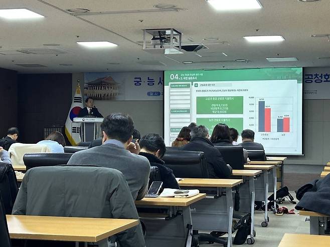 궁·능 관람료 지불 의사 얼마나 (서울=연합뉴스) 김예나 기자 = 지난달 27일 서울 종로구 국립고궁박물관 본관 강당에서 열린 '궁·능 서비스 관람료 현실화 방안 정책연구 공청회' 모습. 국가유산청 궁능유적본부가 주최한 공청회는 2005년 이후 제자리인 궁·능 관람료 현황을 짚고 현실화 방안을 논의하고자 열렸다. 2025.12.17
yes@yna.co.kr