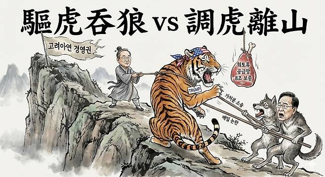 고려아연이 미국 정부와 합작으로 제련소를 짓기로 하면서 최윤범 회장의 ‘구호탕랑’과 영풍·MBK의 ‘조호이산’이 맞붙게 됐다. ※ 제미나이로 생성한 이미지 입니다.