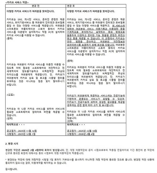 카카오가지난 19일 공개한 개정 이용약관.