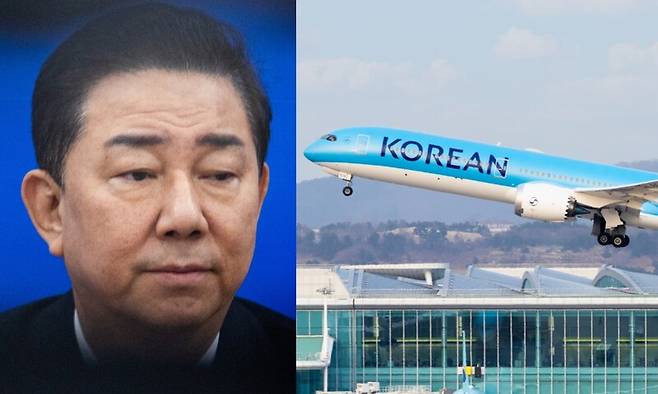 김병기 더불어민주당 원내대표가 23일 국회에서 열린 민주당 원내대책회의에 참석해 있다. 연합뉴스, 대한항공 누리집 갈무리