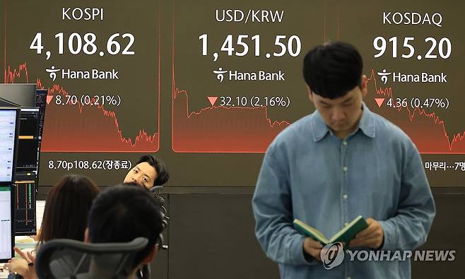 환율, 3년만에 최대폭 하락...코스피도 내려 (서울=연합뉴스) 최재구 기자 = 24일 서울 중구 하나은행 본점에서 직원들이 증시와 환율을 모니터하고 있다. 이날 원·달러 환율은 33.8원 내린 1,449.8원으로 3년 1개월 만에 최대폭 하락했다. 코스피는 전장보다 8.70포인트(0.21%) 내린 4,108.62에 거래를 마감했다. 2025.12.24 jjaeck9@yna.co.kr