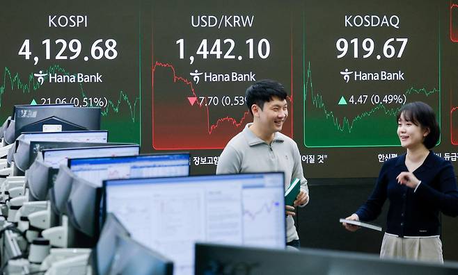 26일 오후 서울 중구 하나은행 딜링룸 전광판에 코스피, 코스닥 종가와 원·달러 환율이 나오고 있다. 이날 코스피는 전일 종가와 비교해 21.06포인트(p)(0.51%) 상승한 4129.68로 거래를 마쳤다. 코스닥은 전일 대비 4.47포인트(p)(0.49%) 상승한 919.67로 마감했다. 서울외환시장에서 달러·원 환율은 전일 오후 3시 30분 주간종가 대비 9.5원 내린 1440.3원을 기록했다. 2025.12.26. 뉴스1
