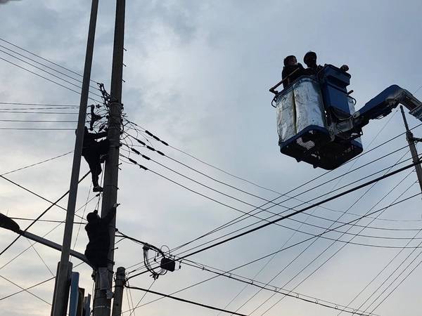 지난해 1월 파주시 용주골 성매매 집결지에 용역과 파주시 직원 등이 CCTV를 설치하려 하자 이곳 종사자 여성들이 전봇대에 올라 고공농성을 벌였다. /주홍빛연대 차차 제공