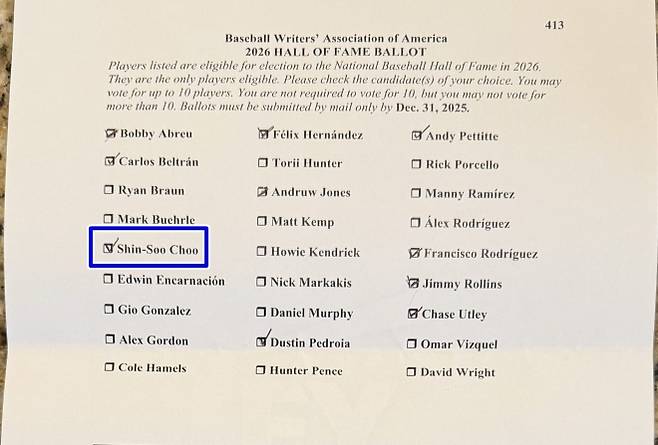 제프 윌슨 기자가 공개한 ‘MLB 명예의 전당’ 투표 용지. DLLS 캡처
