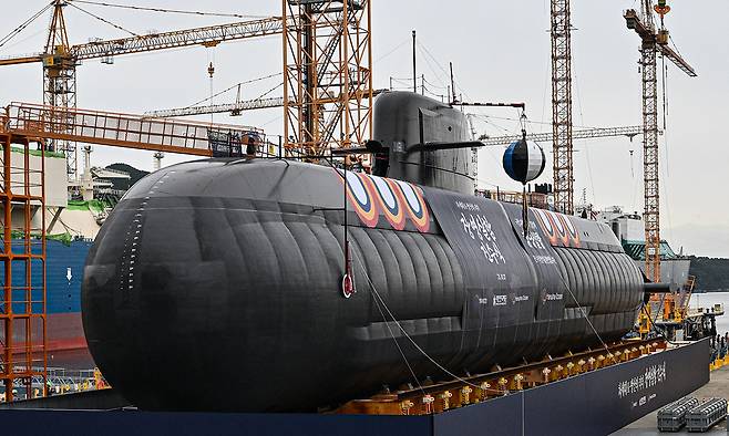 지난 2025년 10월 21일 장보고-Ⅲ 배치Ⅱ 1번 함인 장영실함이 진수식을 앞두고 한화오션 거제사업장에서 공개되고 있다. 세계일보 자료사진