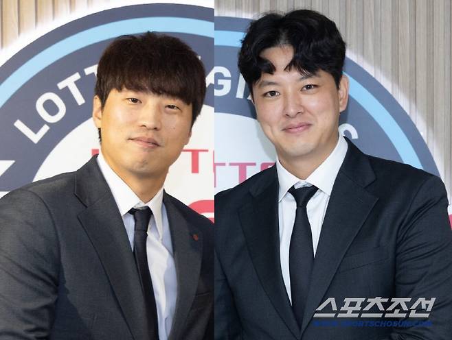FA 구승민(왼쪽)과 김원중은 2025시즌을 앞두고 롯데와 계약하며 잔류했다. 사진제공=롯데 자이언츠