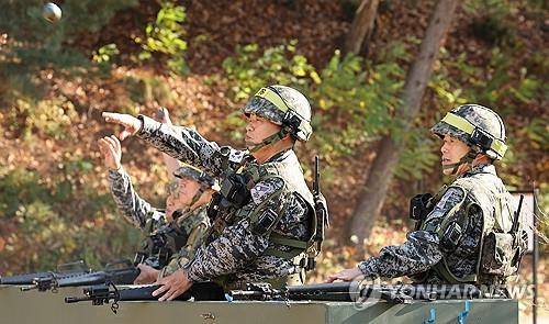 '군대 보내 달라'는 노병들 (춘천=연합뉴스) 이진욱 기자 = 춘천과학화예비군훈련장에서 수류탄 투척 훈련 체험을 하는 재입대 희망 예비역들. 2024.11.4
cityboy@yna.co.kr