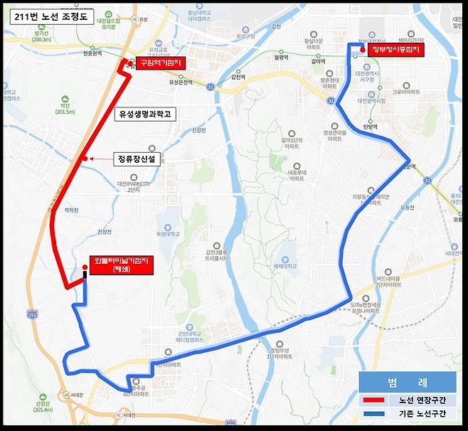 2월 12일부터 조정되는 211번 시내버스 노선. 대전시
