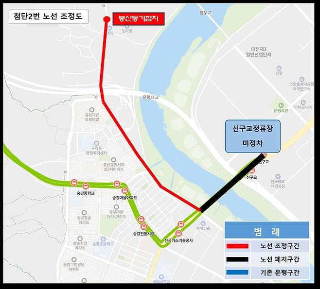 첨단 2번 시내버스 조정 노선. 대전시