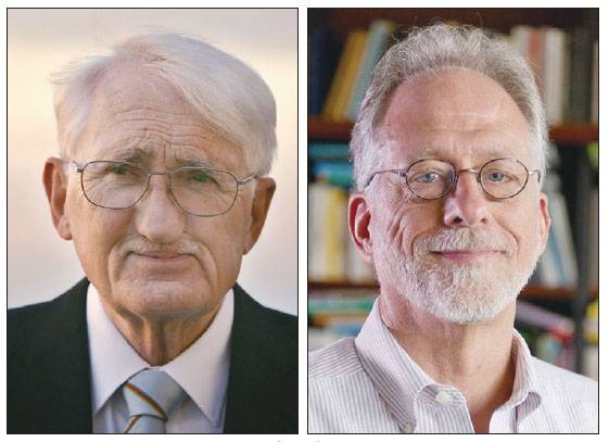 독일의 철학자 위르겐 하버마스(왼쪽)와 마이클 토마셀로. 하버마스는 자신이 평생 주장해왔던 ‘의사소통적 합리성’의 진화생물학적 증거를 토마셀로의 ‘가리키기’에서 찾았다.