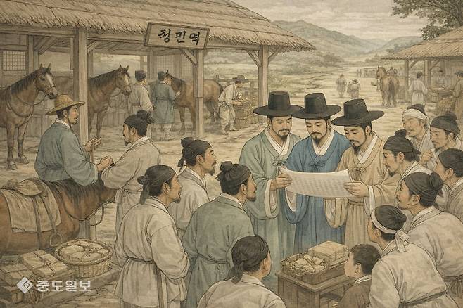 조선시대 당시 정민역 주변 모습, 정민역에서 말을 갈아 타려는 마부와 역리가 이야기를 나누고 있는 가운데 정민역을 통해 전달 받은 편지를 양반들과 관민들이 보고 있다. (AI재현 이미지)