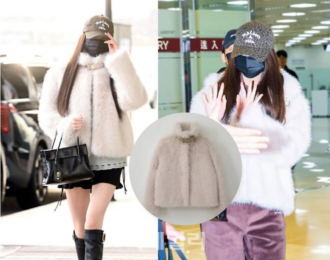 장원영이 출국길에 로라로라의 카라 퍼 재킷을 착용한 모습과 해당 상품 이미지 (사진=온라인 게시물·로라로라 홈페이지 캡처)