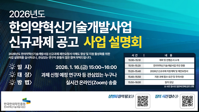 ▲ 한국한의약진흥원은 총 27억 6900만 원 규모의 '2026년 제1차 한의약혁신기술개발사업 신규지원 대상과제'를 공모한다. 한의약혁신기술개발 신규과제 공모 설명회 포스터. 한국한의약진흥원.