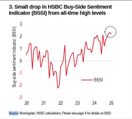HSBC의 바이사이드 센티먼트 지표(BSSI)가 고점에서 둔화하는 징후가 나타났다. 자료=HSBC