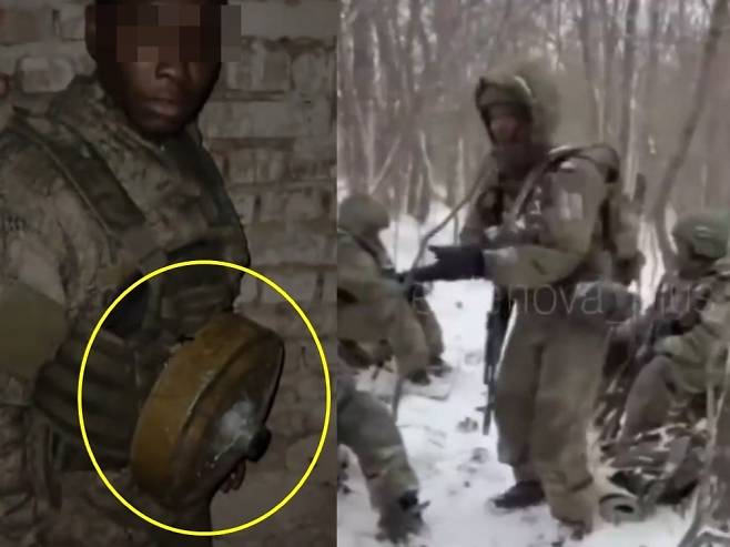 최근 소셜미디어에 공유된 아프리카 출신 러시아 용병들의 모습. 가슴에 지뢰를 달고 있는 것이 보인다. 소셜미디어 캡처