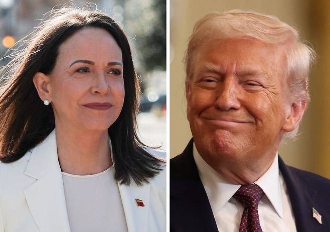 베네수엘라 야권 지도자 마리아 코리나 마차도(왼쪽)와 도널드 트럼프 미국 대통령이 15일(현지시간) 회동을 앞두고 백악관 안팎에서 각각 촬영된 모습. 트럼프 대통령과 마차도의 회동은 비공개로 이뤄졌다. 로이터연합뉴스