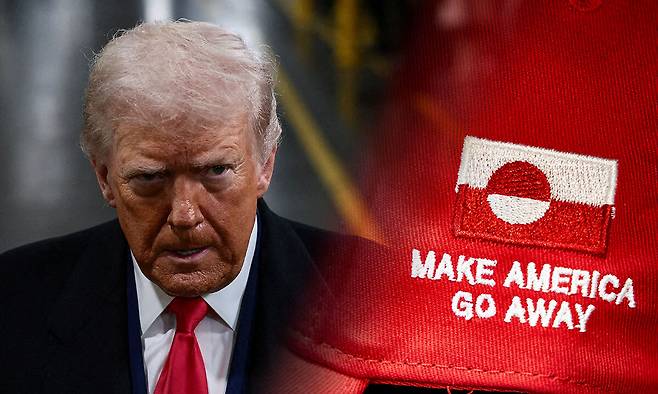 도널드 트럼프 미국 대통령(왼쪽 사진)의 그린란드 합병 시도 등 자국우선주의 외교정책에 대한 반작용으로 한때 추종자였던 유럽 극우정당들이 속속 비판대열에 합류하고 있다. 오른쪽 사진은 그린란드 합병 시도가 본격화된 이후 유럽에서 크게 화제가 되고 있는 ‘반(反)마가 모자’. 그린란드 국기와 ‘미국은 꺼져라’ 등의 구호가 적혀 있다. 디어본·코펜하겐=로이터·EPA연합뉴스