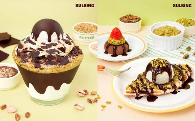 두바이 초코 설빙(왼쪽)과 두바이 초코 사이드 3종 이미지. 코리안 디저트 카페 설빙 제공