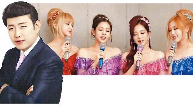 박재범의 ‘몸매’ 트로트 버전 영상의 썸네일(왼쪽). 설운도 스타일 헤어와 정장 차림에 박재범 얼굴을 합성했다. 오른쪽은 블랙핑크의 ‘킬 디스 러브’ 트로트 버전을 부르는 AI 생성 영상 이미지./유튜브 채널 뽕미더머니·믹스파이