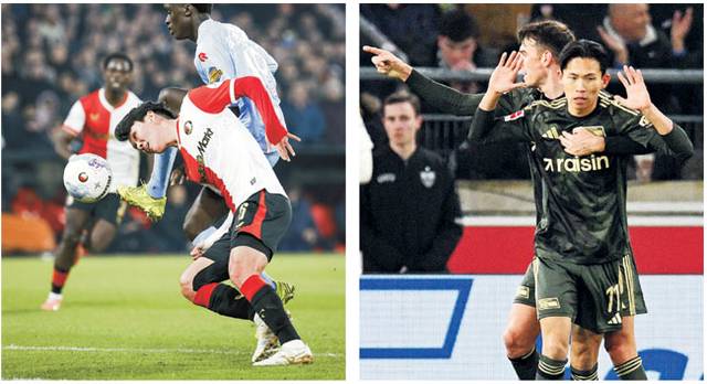 페예노르트의 황인범(왼쪽 사진)이 19일 오전(한국시간) 네덜란드 로테르담에서 열린 네덜란드 에레디비시 홈경기에서 몸을 던져 공을 따내고 있다. 우니온 베를린의 정우영(오른쪽 〃)이 18일 밤 독일 슈투트가르트에서 열린 독일 분데스리가 원정경기에서 후반 38분 골을 넣은 후 세리머니를 자제하고 있다. EPA AFP 연합뉴스