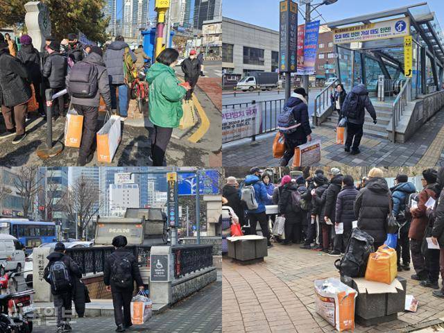 '크리스마스이브'인 지난달 24일 서울 동대문구 무료급식소 '밥퍼'에서 거리성탄예배에 참석한 뒤 선물 보따리(사진 속 주황색 쇼핑백)를 받은 한 노인이 지하철1호선 청량리역을 향해 바삐 걸음을 옮기고 있다(왼쪽 위 사진). 같은 선물 보따리의 모습은 청량리역(오른쪽 위 사진), 지하철1호선 서울역 인근 새꿈어린이공원(오른쪽 아래 사진), 서울역(왼쪽 아래 사진)에서 동일하게 발견됐다. 노인들의 '대이동' 흔적이다. 나광현 기자