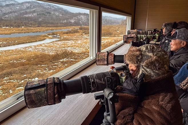 이길리 탐조대는 화각 400mm 이상의 '대포 렌즈'로 새를 촬영하는 취미 사진가가 많이 찾는다. 울산, 전남 여수 등 전국에서 두루미를 보기 위해 찾아왔다.