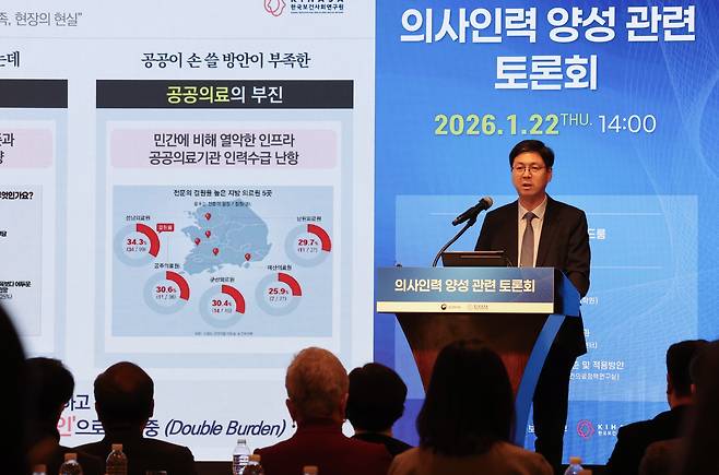 22일 서울 중구에서 열린 의사 인력 양성 토론회에서 신현웅 한국보건사회연구원 보건의료정책연구실장이 발표하고 있다. /연합뉴스