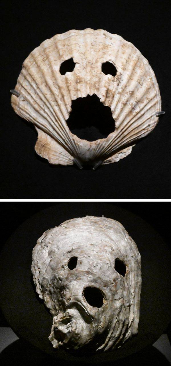 위 사진은 동삼동 패총에서 1971년 나온 조개 가면(국립중앙박물관 소장)이며 그 아래는 일본 구마모토현 아타카 패총에서 출토된 조개 가면이다. 두 점 모두 각국에서 하나뿐인 조개 가면 유물이다. 김성효 선임기자