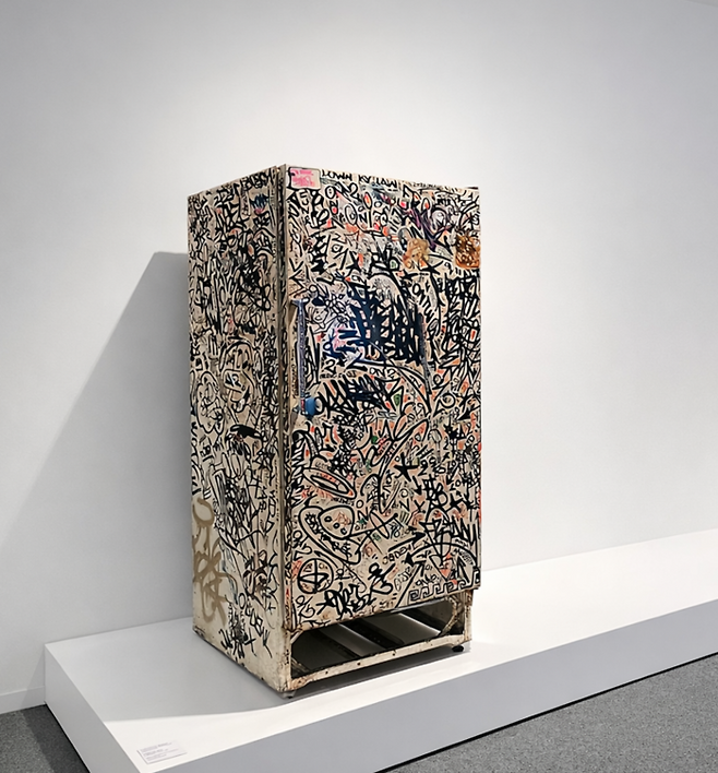 문뿐 아니라 측면까지 낙서로 뒤덮인 ‘재미있는 냉장고(Fun Fridge)’는 뉴욕 이스트 빌리지 1호 갤러리 ‘펀 갤러리(Fun Gallery)’ 한구석에 놓여 있었다. 작품명은 ‘Untitled(Fun Fridge), 1982’. (숨프로젝트 제공, 강총명 스튜디오 촬영)