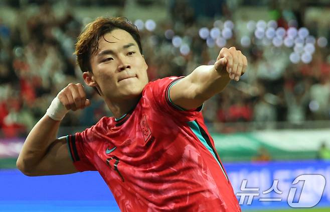 A매치에서 득점한 오현규. 2025.10.14/뉴스1 ⓒ News1 김명섭 기자