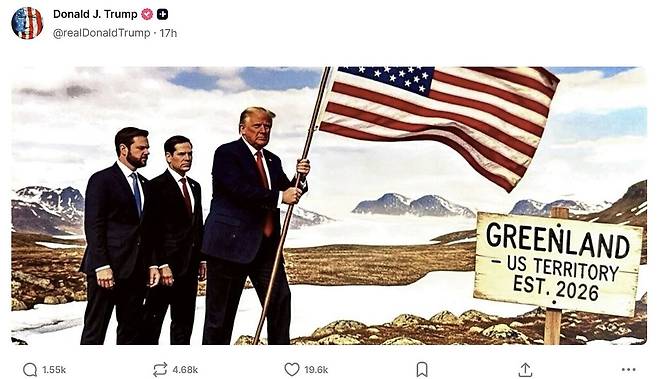 트럼프 대통령이 그린란드를 미국 영토로 표기한 가상 이미지를 자신의 SNS에 올렸다. 트루스 소셜 캡처