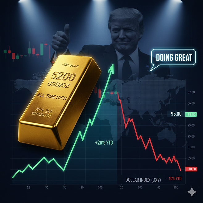 금 가격 상승과 달러 약세 흐름을 시각화한 합성 이미지. 국제 금값이 온스당 5200달러를 돌파한 가운데, 달러 인덱스 하락과 자금 이동 흐름을 상징적으로 표현했다. 제미나이 AI 제작 이미지